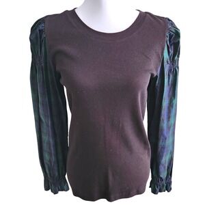 LOFT Black Ribbed Knit Top with Green Tartan Plaid Long Sleeves‎  Medium